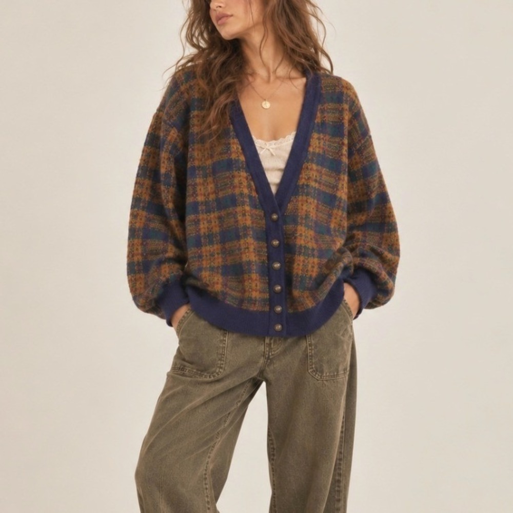 Vintage 90s Cardigan Plaid Wool Blend XL Navy Grandpa Heritage Academia Preppy